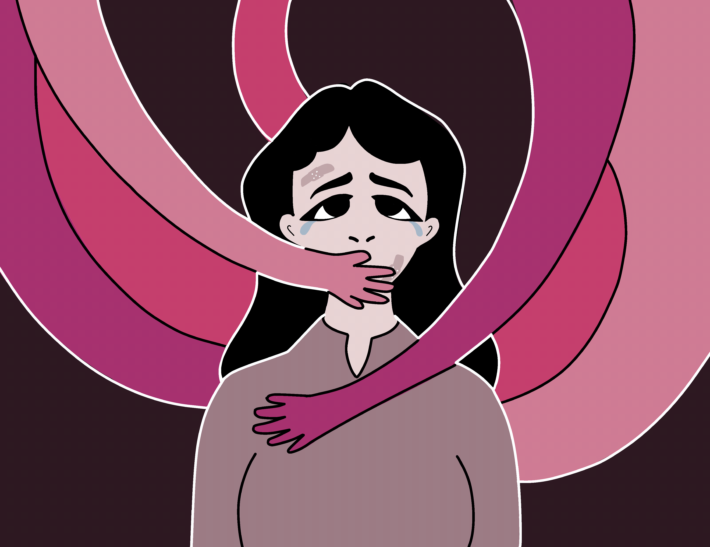 A caricature of a distressed woman whose voice is being muffled, somber mood, dark background